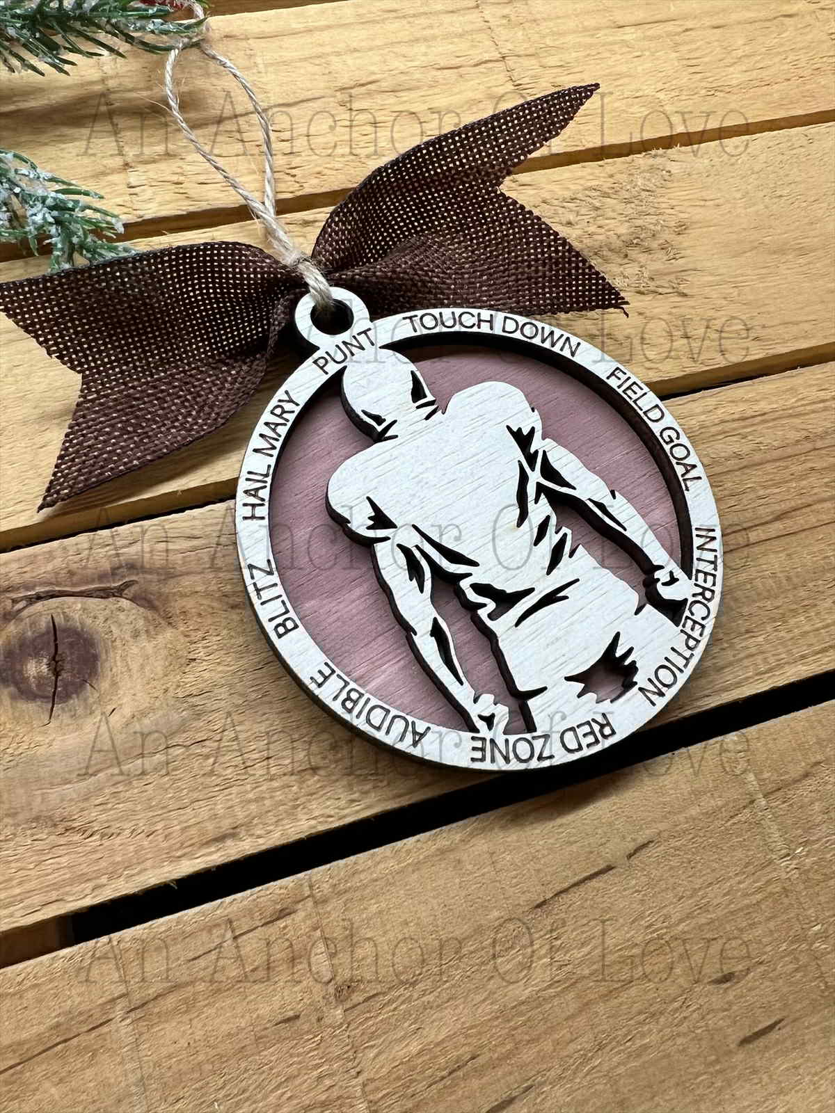 Football Ornament: Handmade, two layer, wooden Christmas ornament