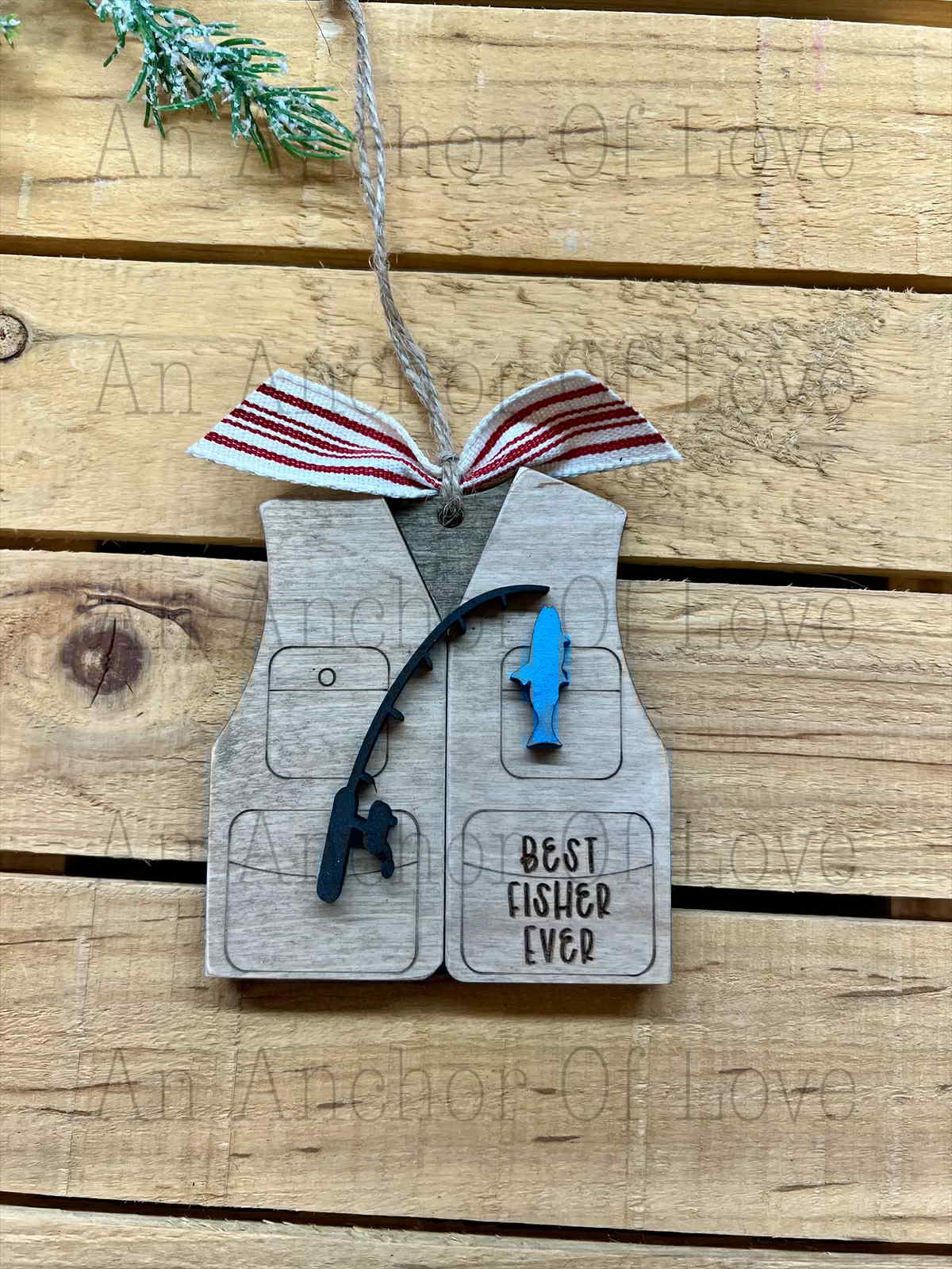 Personalized Christmas Fishing Ornament – Hand Painted, wooden Christmas ornament