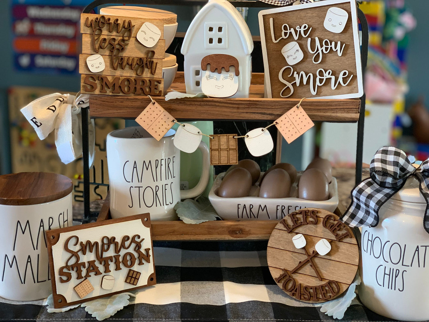 Smores tiered tray decor finished/unfinished