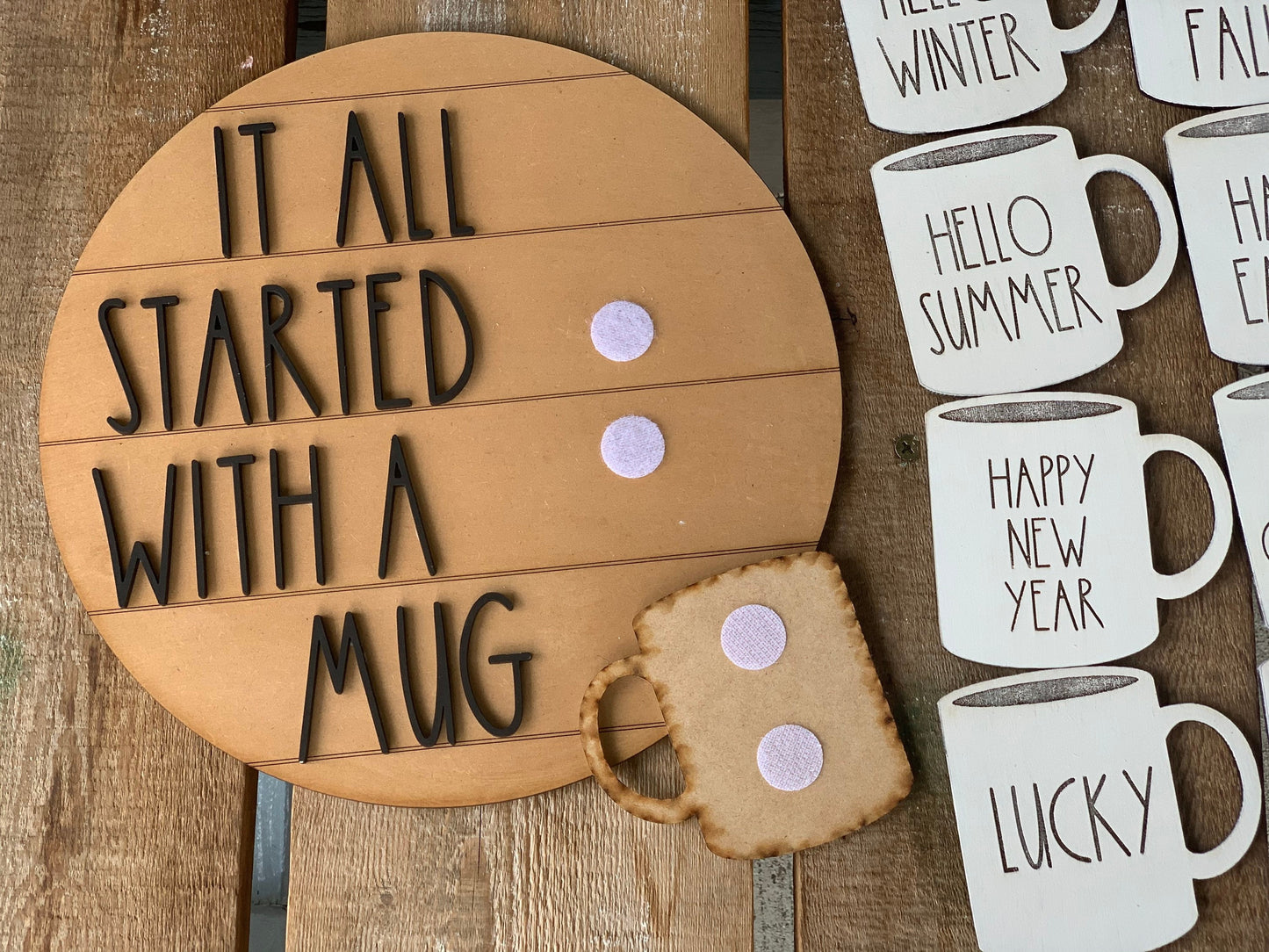Rae Dunn inspired wall hanging with interchangeable mugs