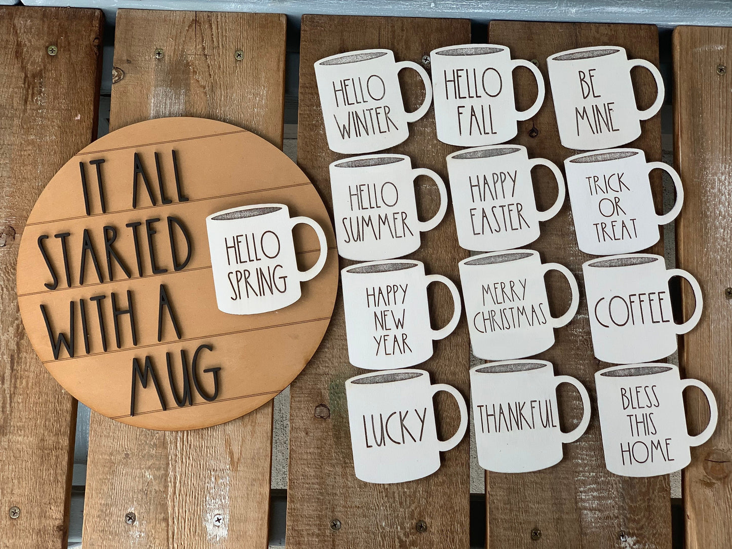 Rae Dunn inspired wall hanging with interchangeable mugs