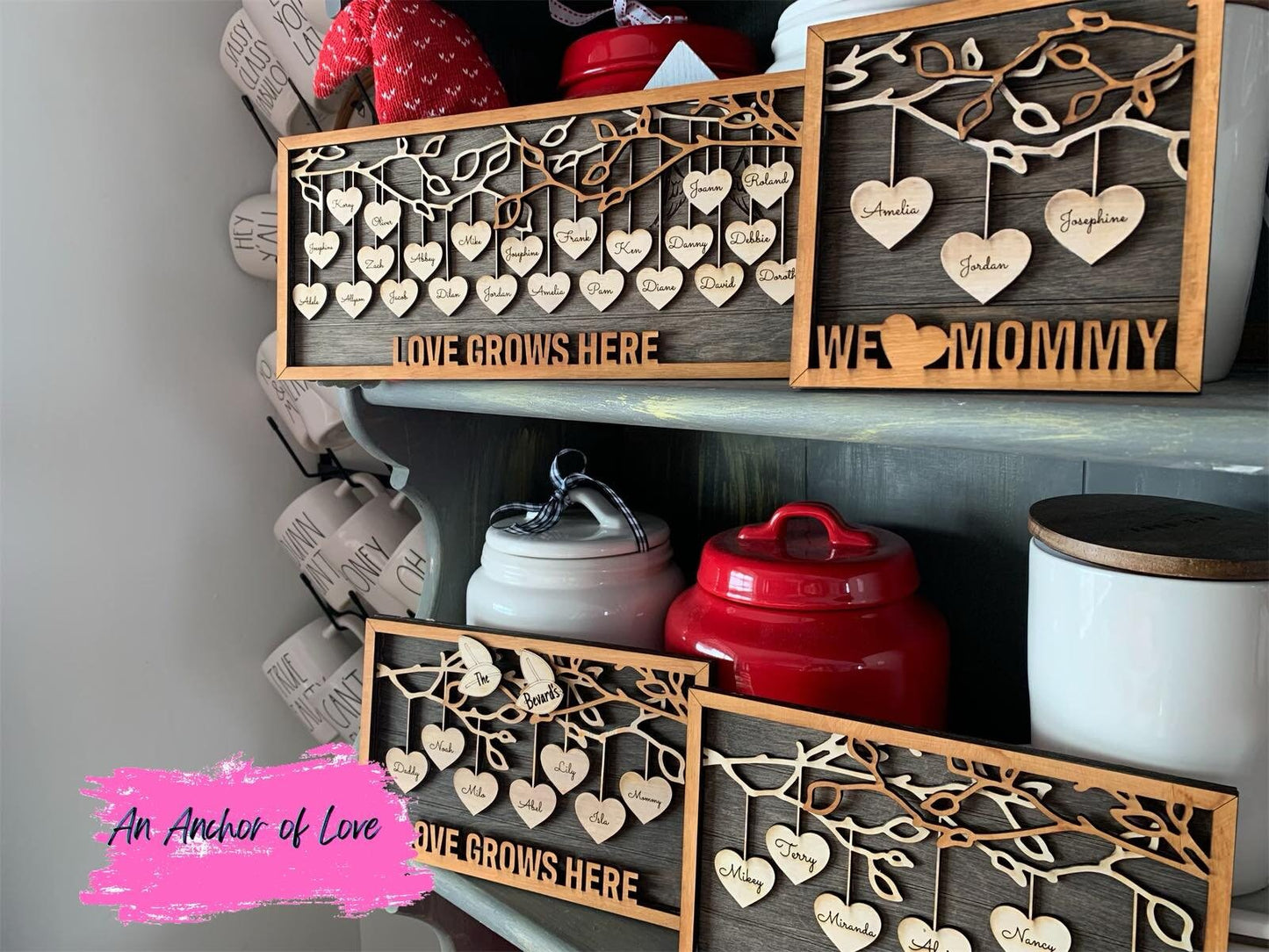 Hanging Hearts Family Frame, Gift for Mom, Gift for Grandma, Family Tree Gift- many sayings available