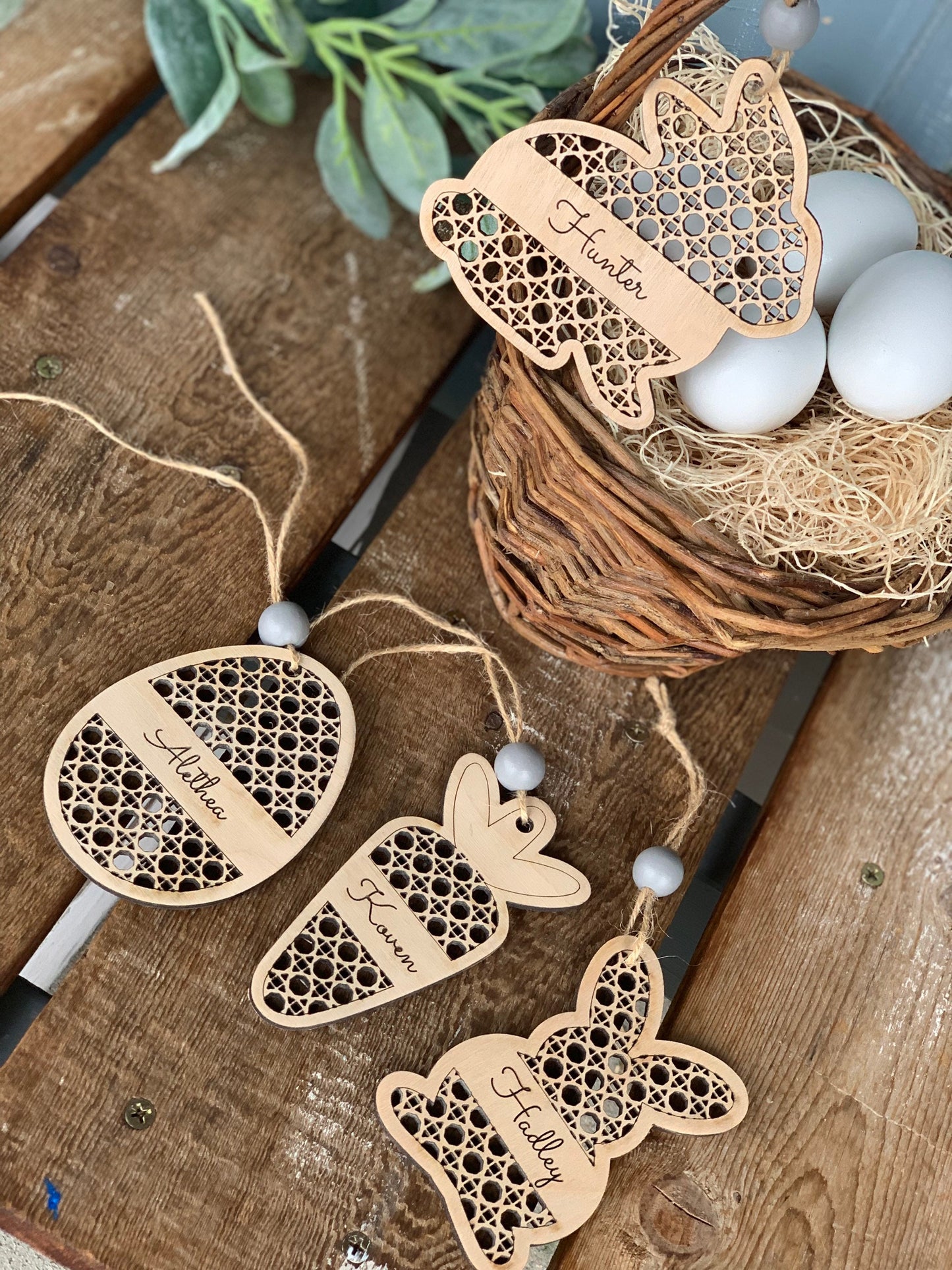 Rattan Easter basket tags-four styles to choose from - natural wood- personalized Easter tags