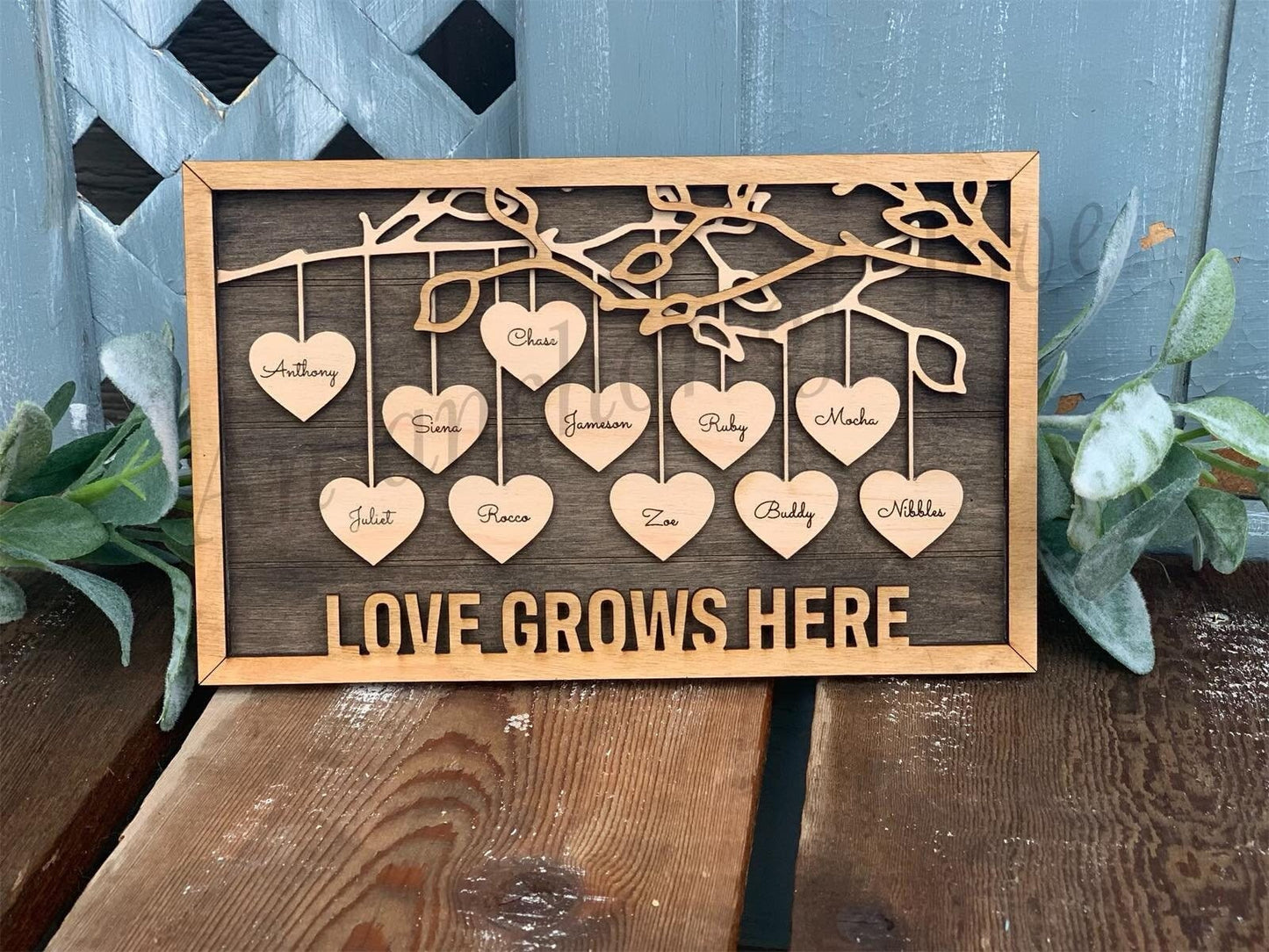 Hanging Hearts Family Frame, Gift for Mom, Gift for Grandma, Family Tree Gift- many sayings available