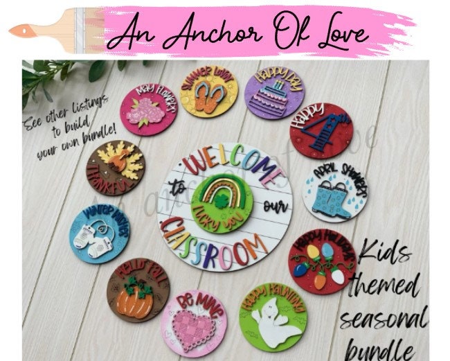 Complete set 12 piece set -Welcome to our classroom kids themed seasonal sign; back to school; teacher appreciation; school