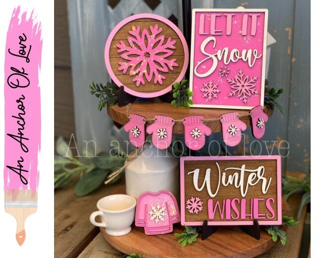 Pink Christmas Tiered Tray Decor-Pink Christmas Decorations-Pink Christmas