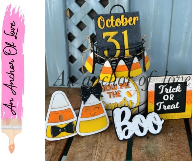 7 piece candy corn spooky tiered tray set | individual pieces | full tiered tray set |