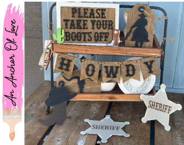 Cow boy themed tiered tray decor