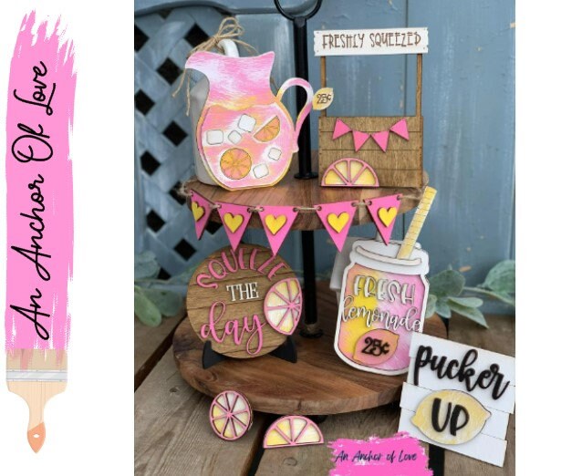 Pink Lemonade Tiered Tray Decor- Lemonade Tiered Tray decor-Tiered Tray Decor-Lemons-Kitchen Decor-