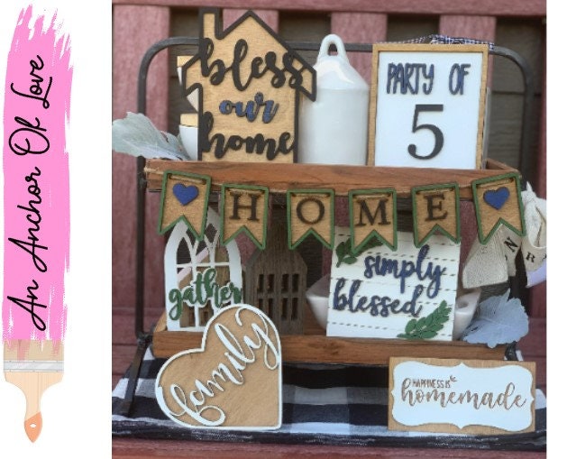 Farmhouse themed tiered tray decor