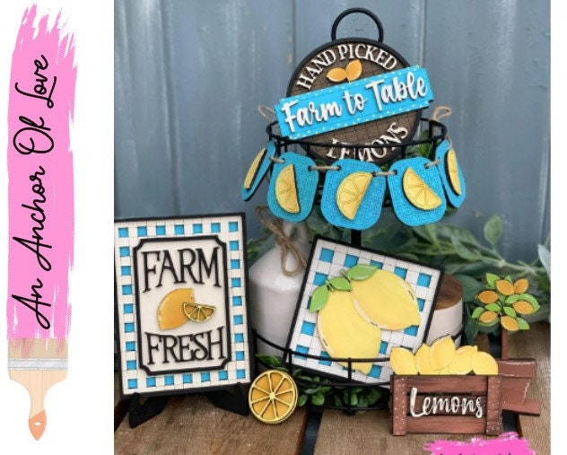 Lemon themed tiered tray decor -Farm Fresh Lemon Decor-Mini Lemon SIgns- Lemon Decor