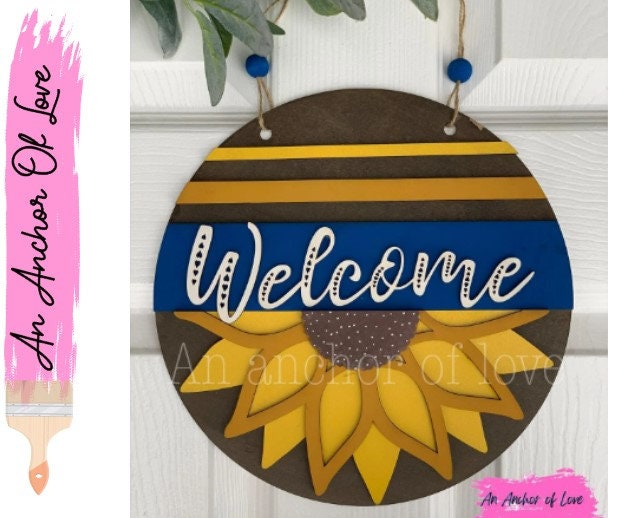 Sunflower Door Round-Sunflower decor-Blue and Yellow Sunflower Decor-Summer Sunflower Decor-Welcome Sunflower Decor