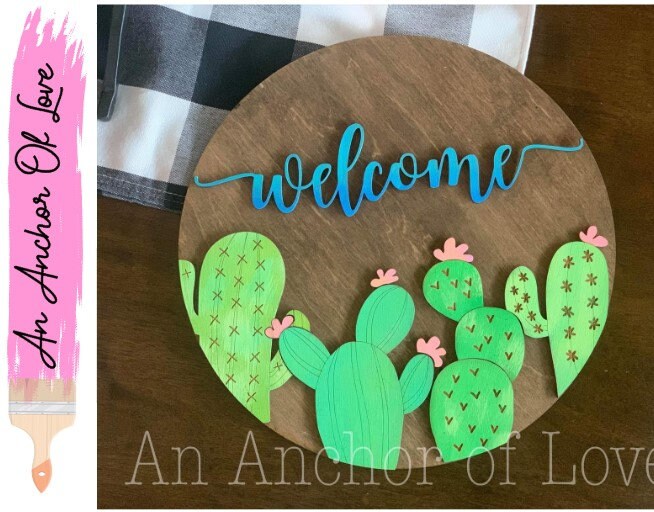 Welcome Cactus Door Round/ Cactus Decor / Tray signs / Tray decor / 3d sign / door hanger