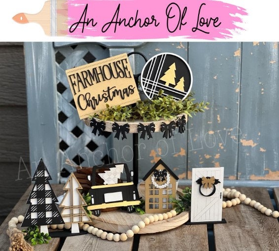 Farmhouse Christmas Tiered Tray Decor-Black and White Christmas-Farmhouse Christmas