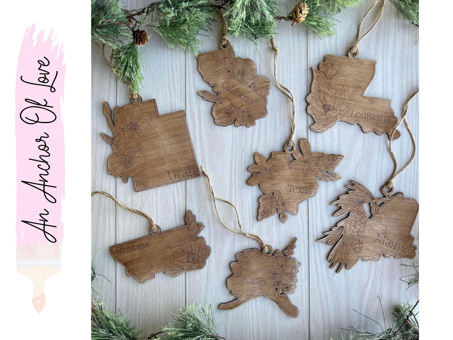 Individual State Ornaments -Distressed wooden state ornaments- Holiday Home State Ornaments