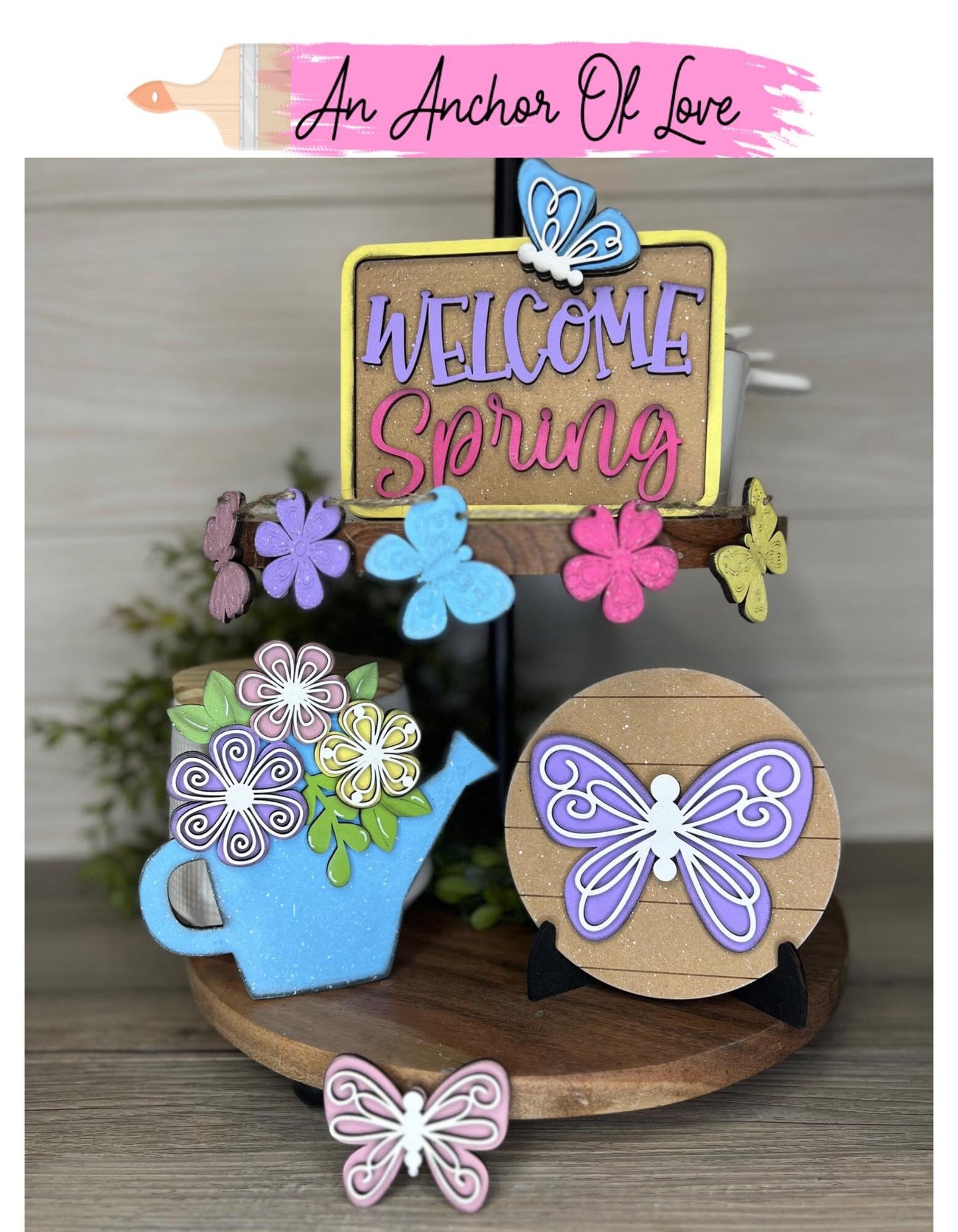 Spring themed butterfly tiered tray set-individual pieces, full painted set, full diy set available
