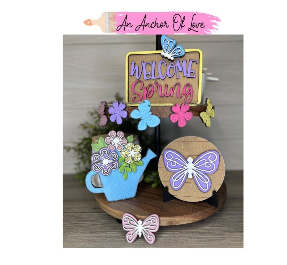 Spring themed butterfly tiered tray set-individual pieces, full painted set, full diy set available