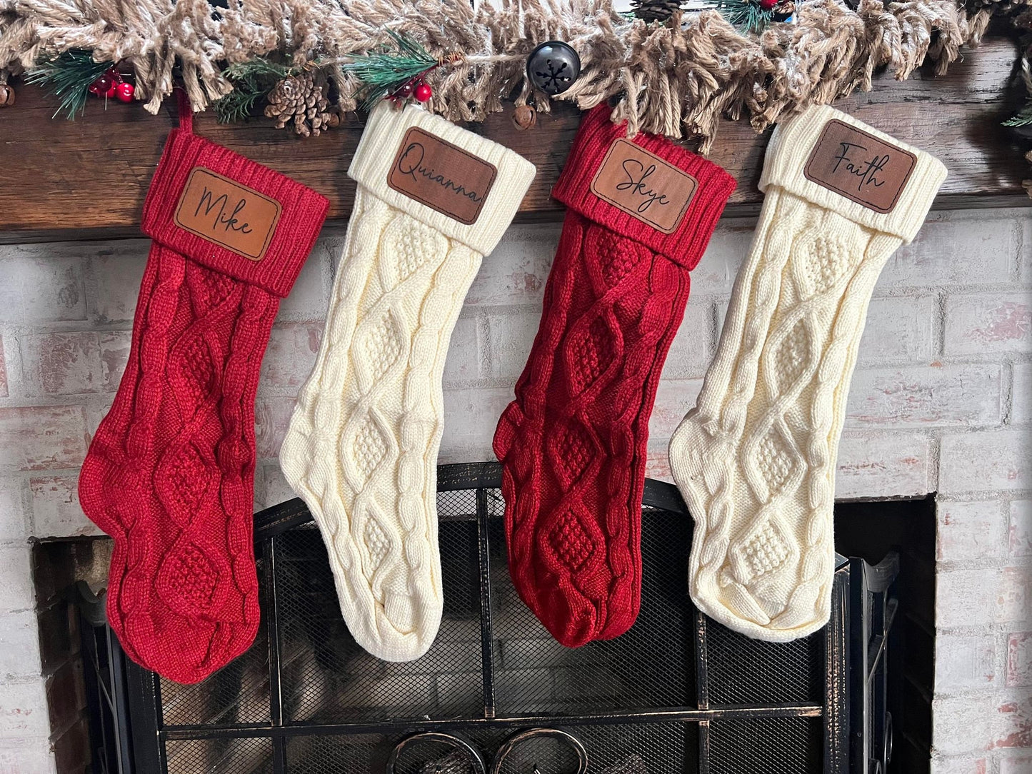 Personalized Christmas Stocking, Custom Family Stockings, Laser Engraved Christmas Stockings, Leather Patch Name Stockings, Mantle Decor