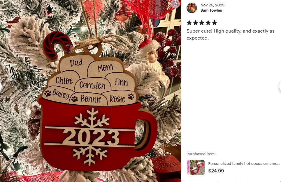 Personalized Family Hot Cocoa Christmas Ornament: Engraved Wood, Up to 15 Names