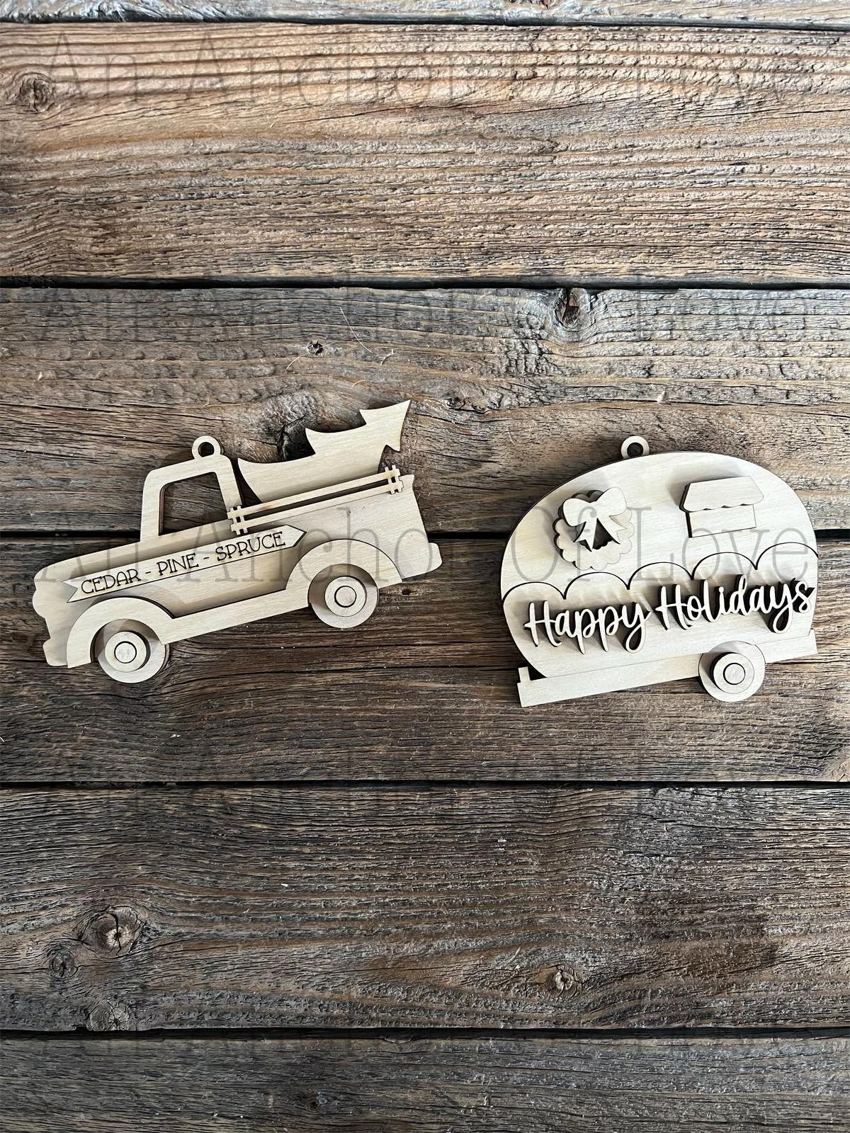 Christmas Truck and Camper ornament DIY Paint Kit | Laser Cut Wood Blanks | Holiday DIY Kits