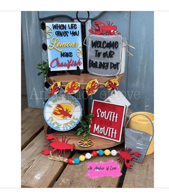 Crawfish Tiered Tray Decor, Crawfish Boil Mini Signs, Louisiana Seafood, Cajun Home Decor, Lemon Kitchen, Spring Set, Wood Signs, Shiplap