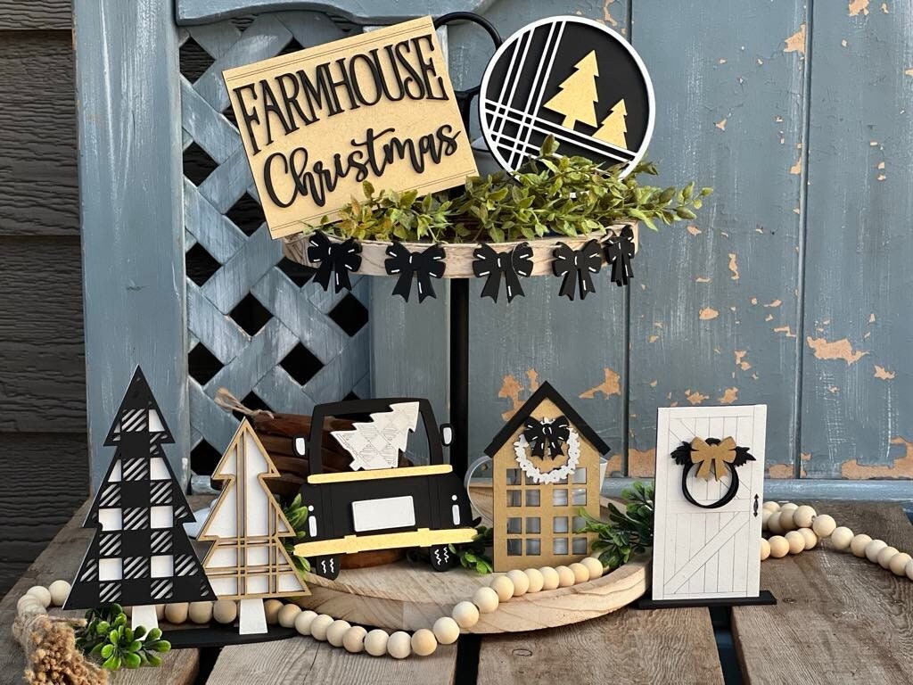 Farmhouse Christmas Tiered Tray Decor-Black and White Christmas-Farmhouse Christmas