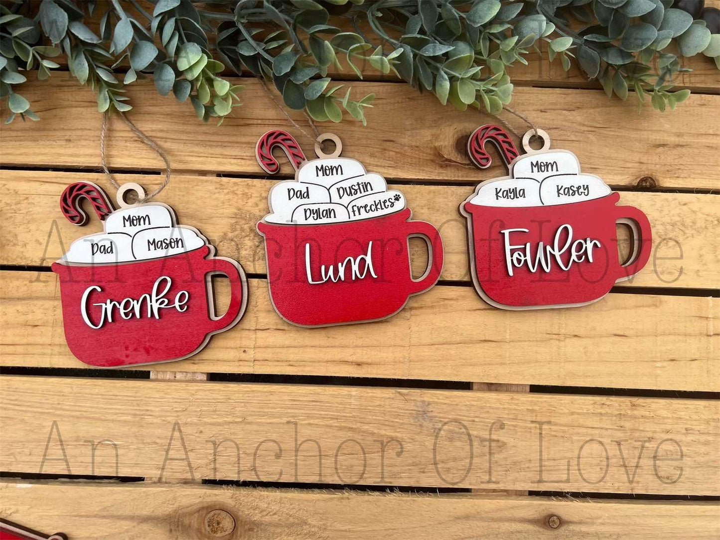 Personalized Family Hot Cocoa Christmas Ornament: Engraved Wood, Up to 15 Names
