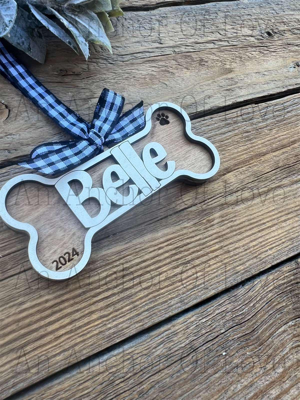 Wood personalized dog bone ornament, handmade 2024 ornament, Christmas decor and gift, handmade 2024 ornament, Christmas decor and gift