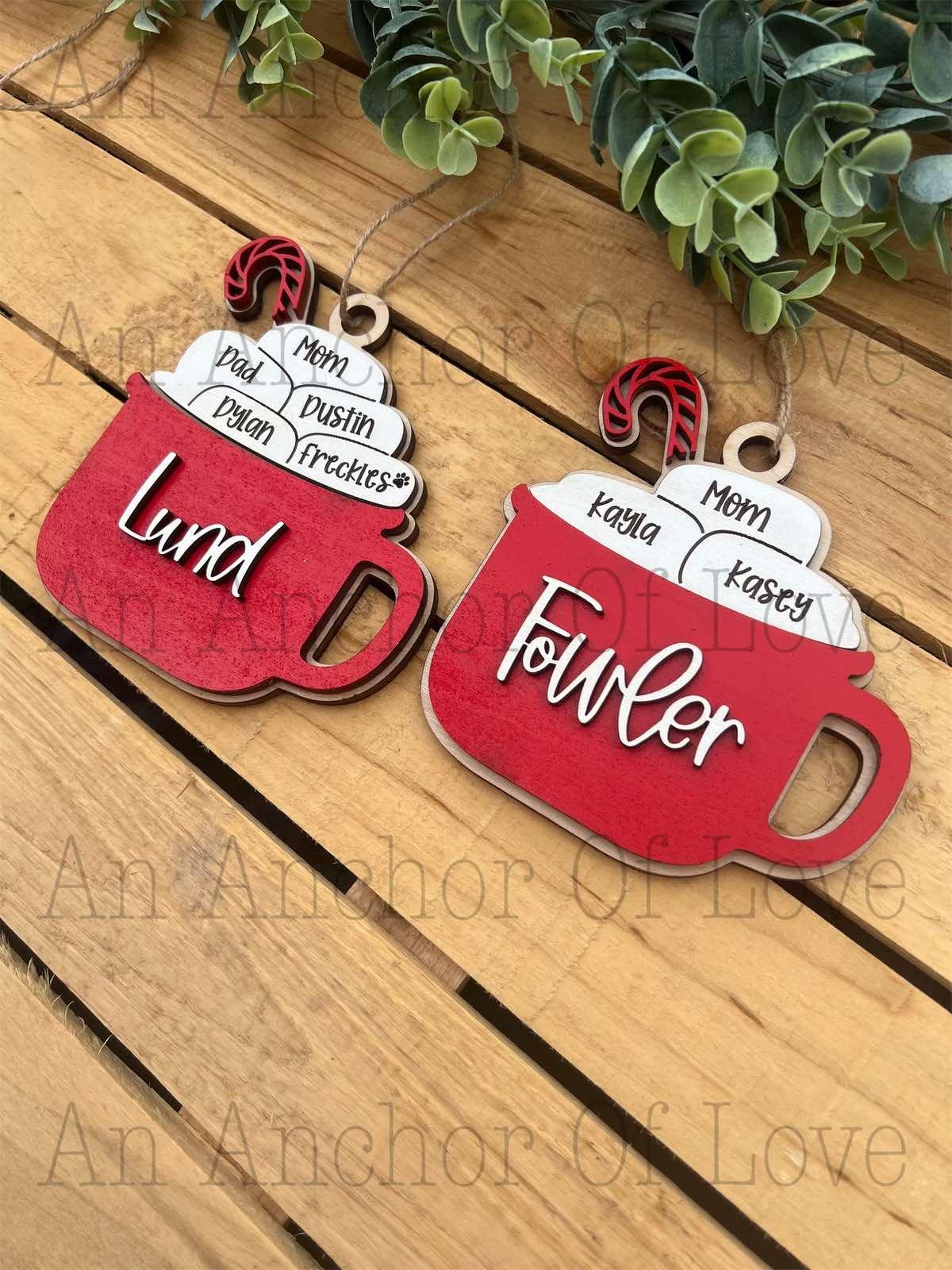 Personalized Family Hot Cocoa Christmas Ornament: Engraved Wood, Up to 15 Names