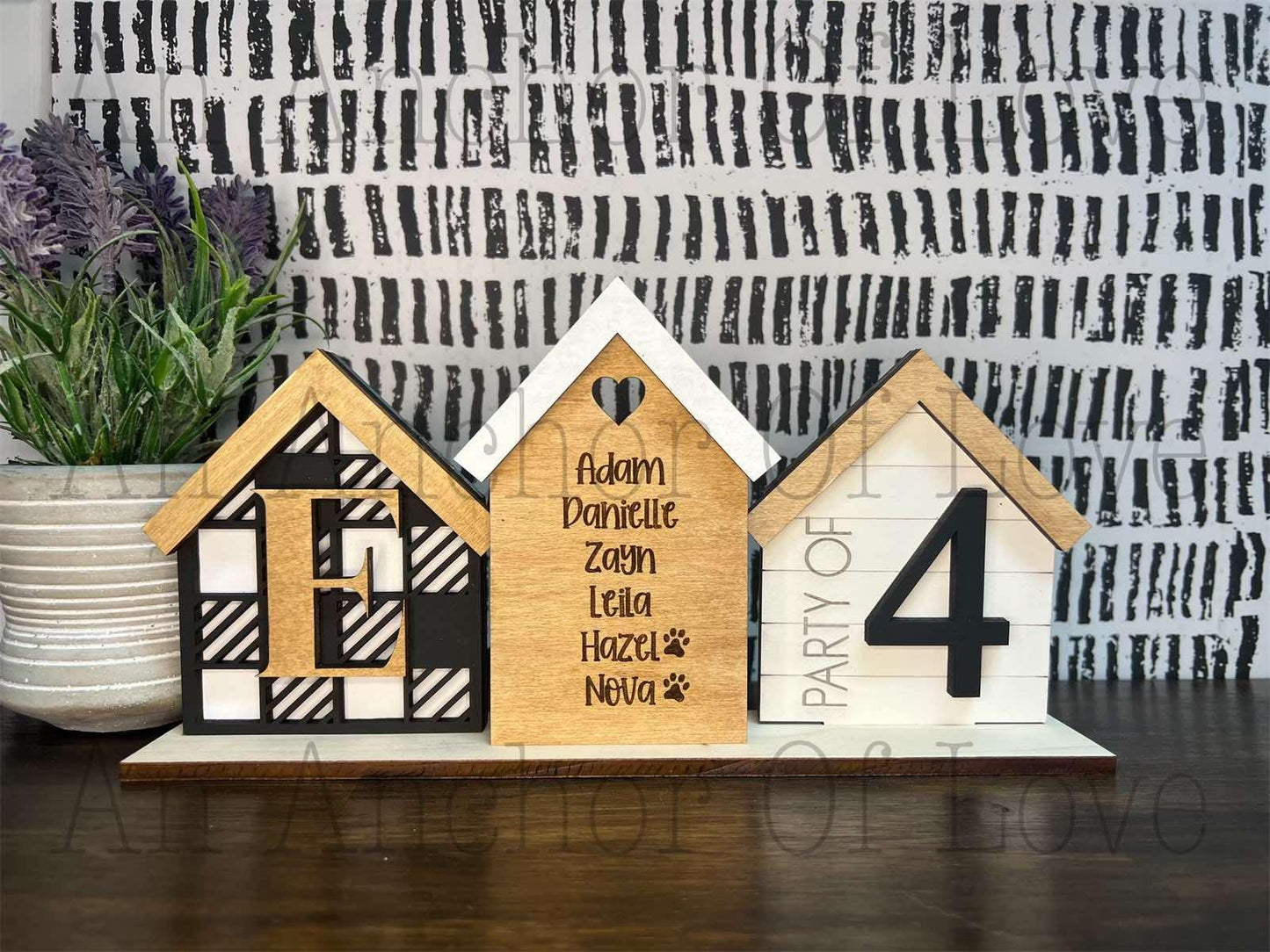 Personalized three house family sign, Custom Standing House Decor, Farmhouse Decor, House warming, Christmas gift, Mothers Day Gift