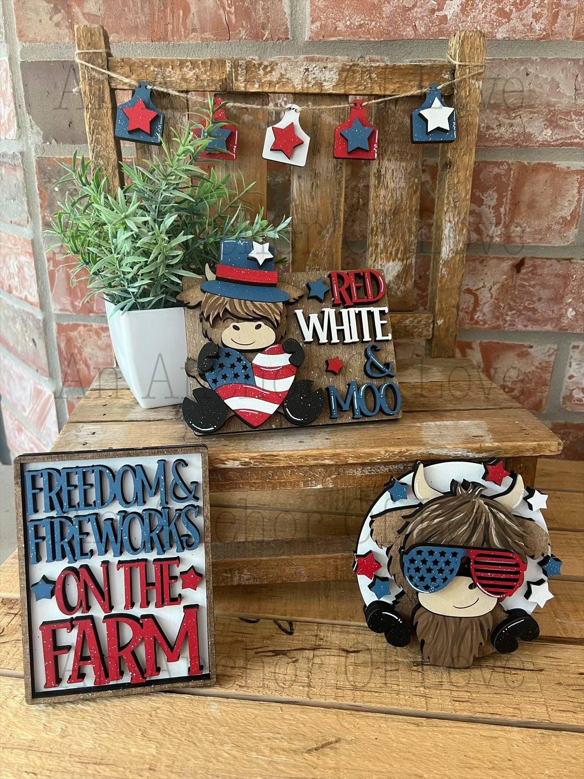 Highland Cow fourth of july tiered tray, Patriotic tiered tray, fourth of july decor, bundle or individual available