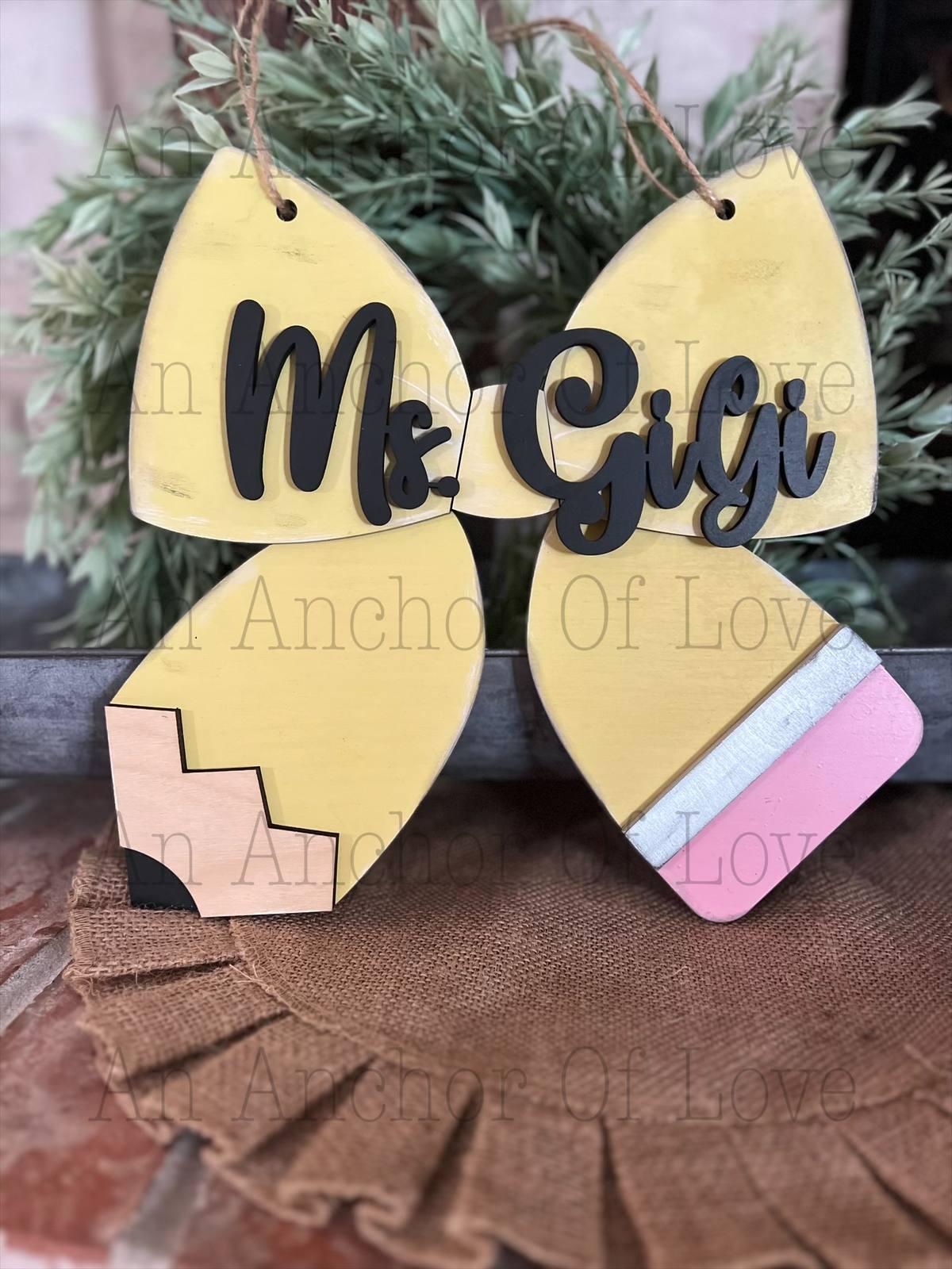 Bow shaped Pencil -Welcome Sign -teachers pencil sign; classroom decor; teacher's door; back to school gift