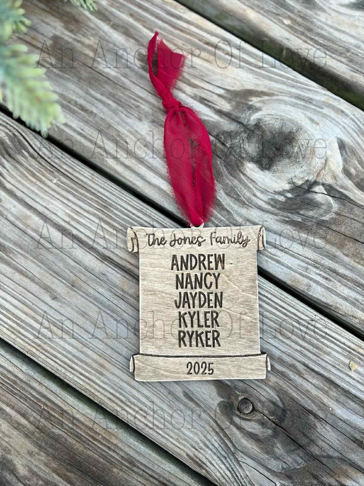 Personalized Family Names Christmas Ornament Scroll - Engraved Wood 2025 ornament