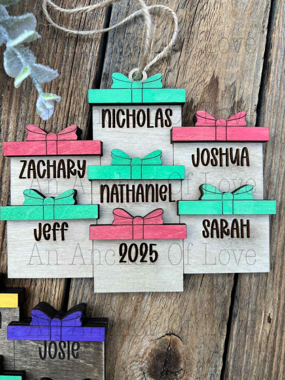 Personalized Family Christmas Ornament: Engraved Wood Present Design