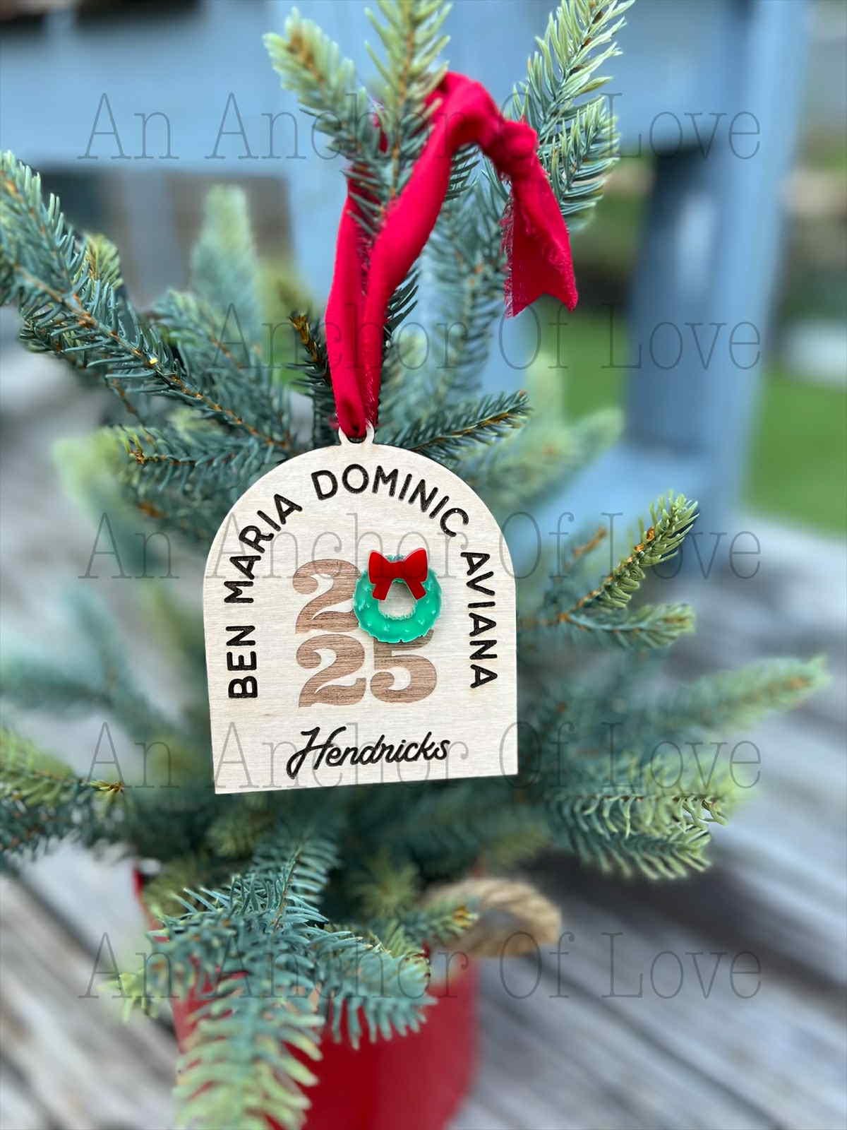 Personalized Family Christmas Ornament: Boho Engraved Wood, Up to 15 Names