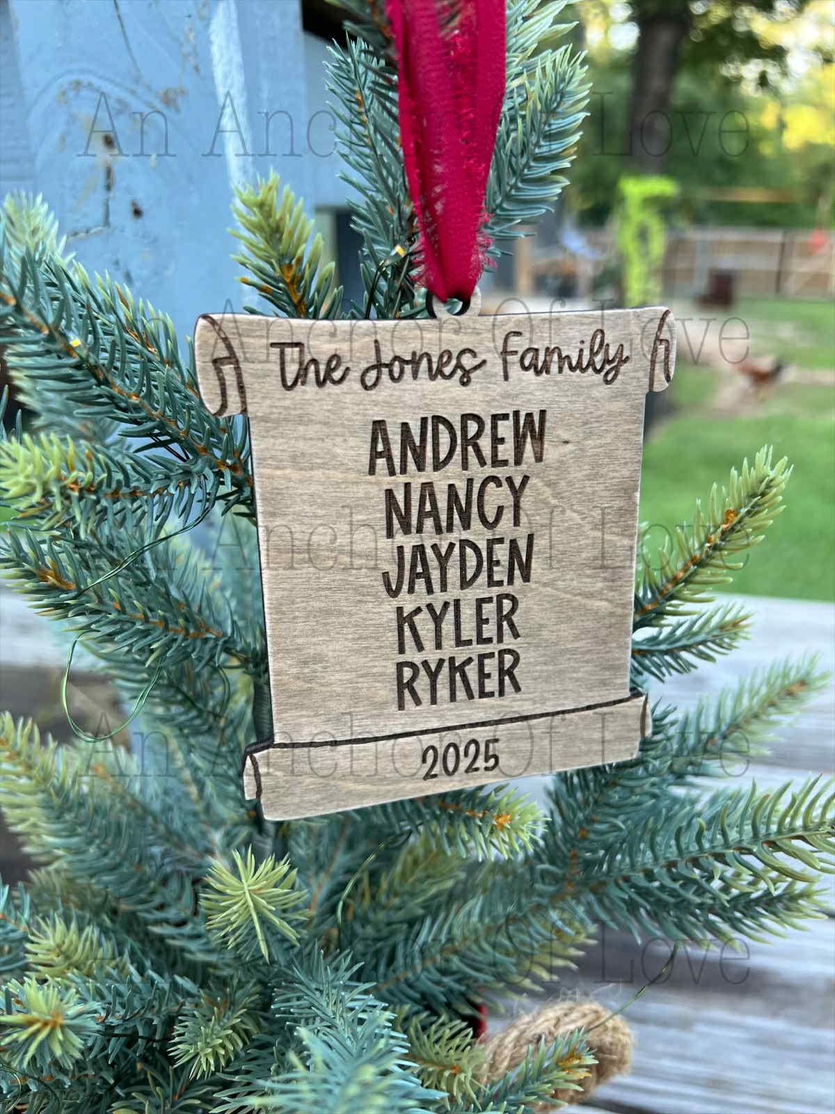 Personalized Family Names Christmas Ornament Scroll - Engraved Wood 2025 ornament