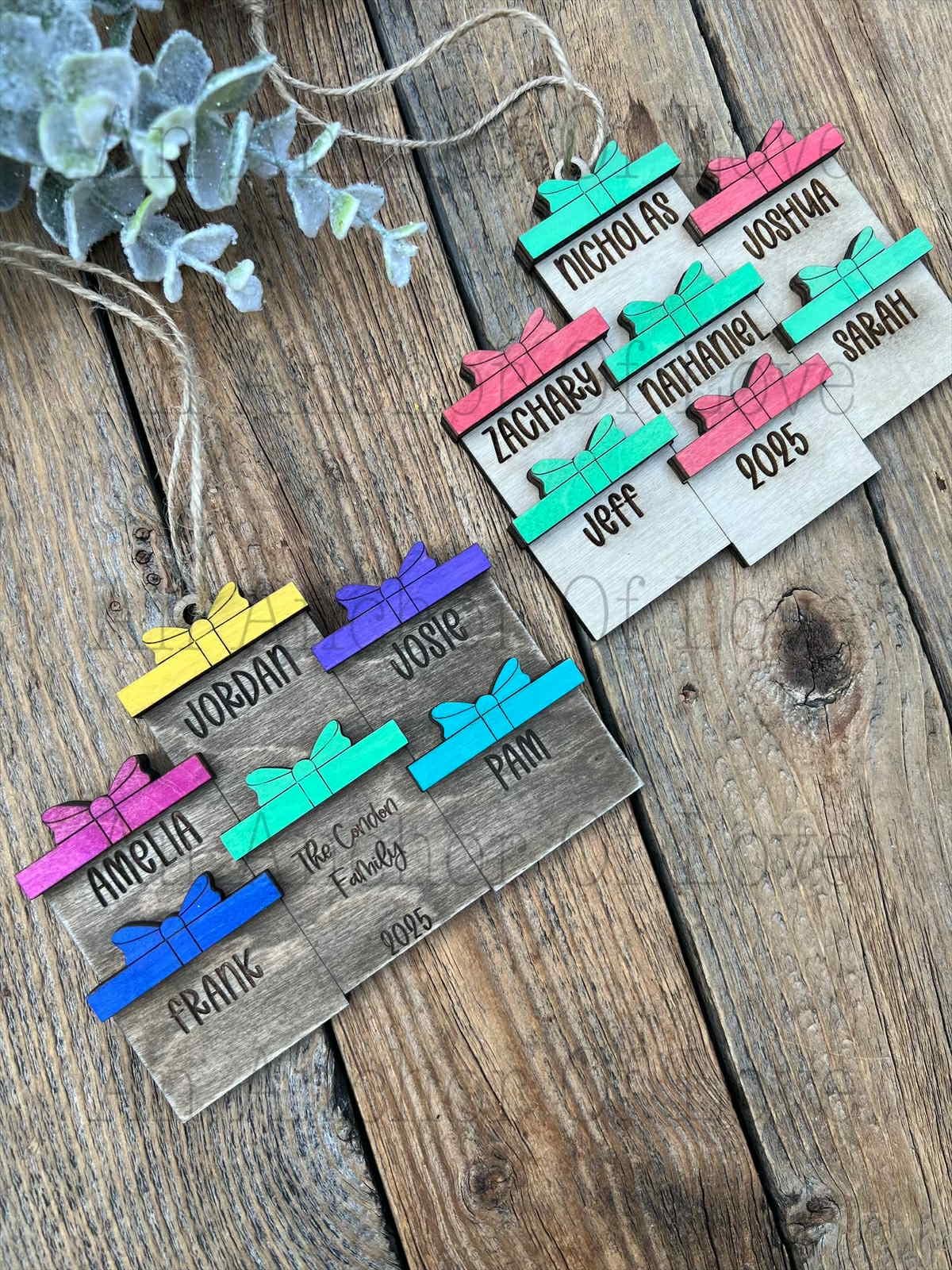 Personalized Family Christmas Ornament: Engraved Wood Present Design