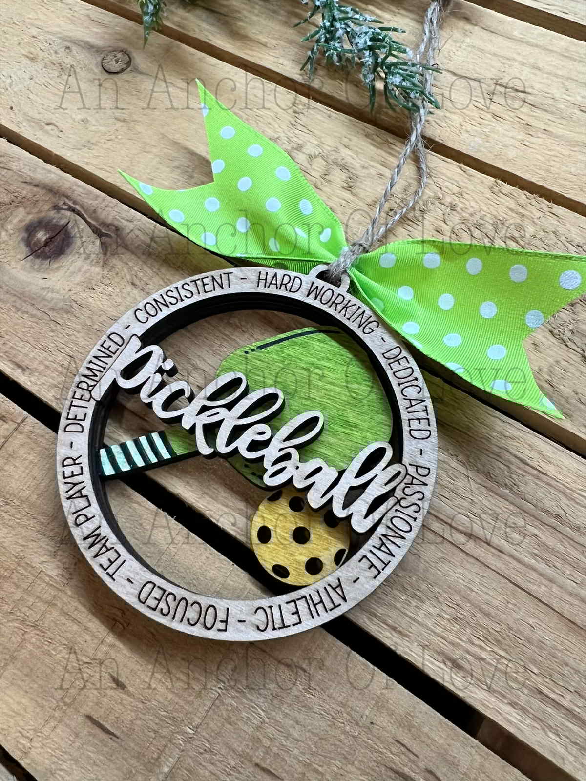 Engraved Pickleball Holiday ornament – Hand Painted, wooden Christmas ornament