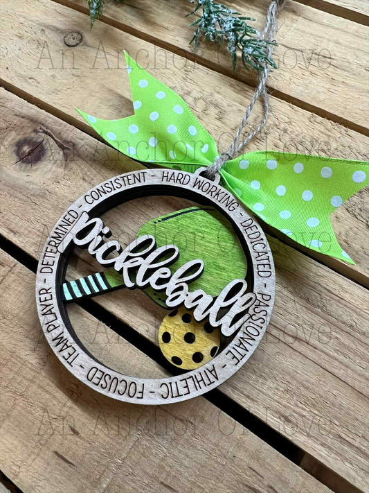 Engraved Pickleball Holiday ornament – Hand Painted, wooden Christmas ornament