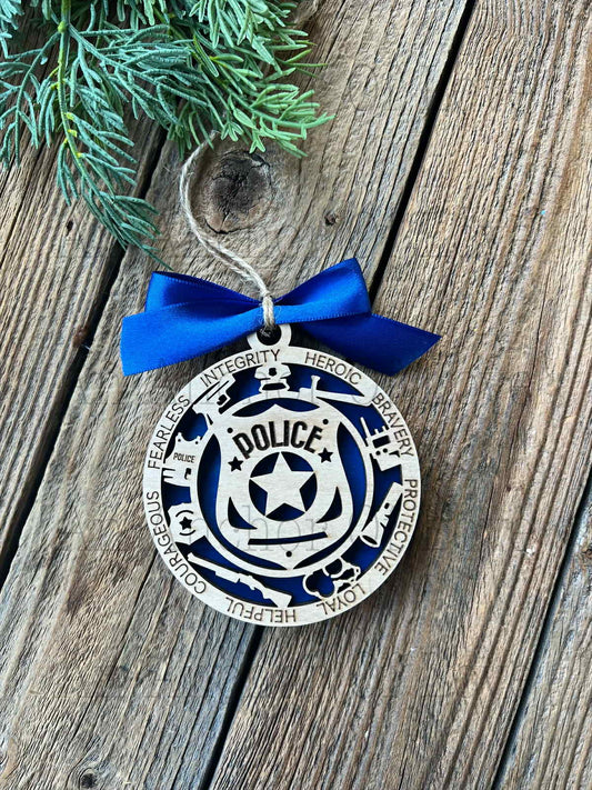 Police Christmas ornament, Layered wood ornament, Police Christmas Gift