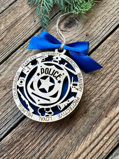 Police Christmas ornament, Layered wood ornament, Police Christmas Gift