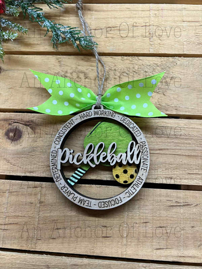 Engraved Pickleball Holiday ornament – Hand Painted, wooden Christmas ornament