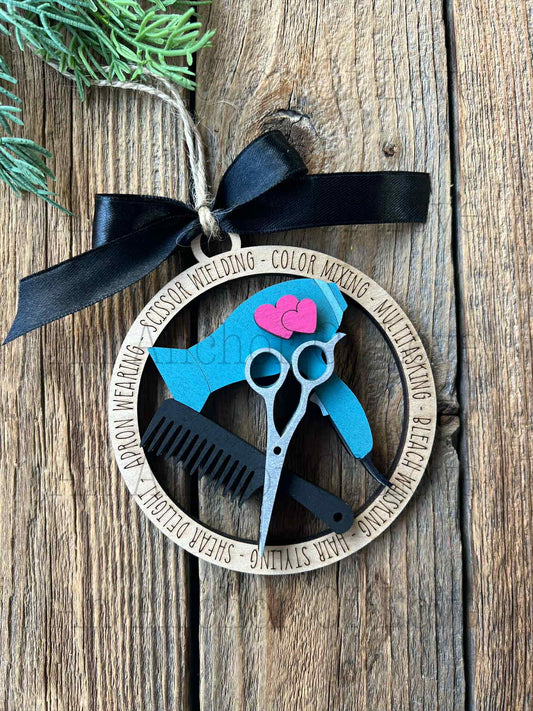 Hair Dresser Christmas ornament, Layered wood beautician ornament, Hair stylists Christmas ornaments, Hair salon decor
