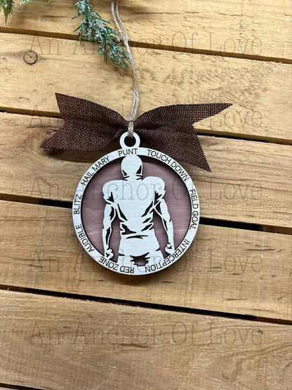 Football Ornament: Handmade, two layer, wooden Christmas ornament