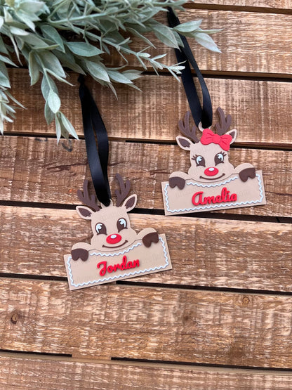 Personalized 3D Printed Reindeer Christmas Ornament – Custom Name Rudolph Tree Decoration, Cute Stocking Stuffer Gift, 3.5 Inch Ornament