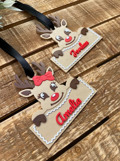 Personalized 3D Printed Reindeer Christmas Ornament – Custom Name Rudolph Tree Decoration, Cute Stocking Stuffer Gift, 3.5 Inch Ornament