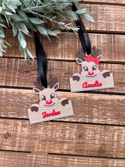 Personalized 3D Printed Reindeer Christmas Ornament – Custom Name Rudolph Tree Decoration, Cute Stocking Stuffer Gift, 3.5 Inch Ornament