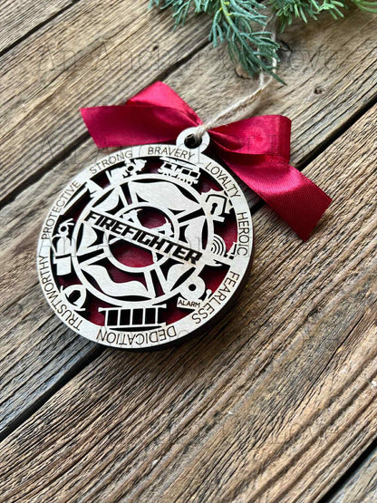 Firefighter Christmas ornament, Layered wood ornament, Firefighter Christmas Gift