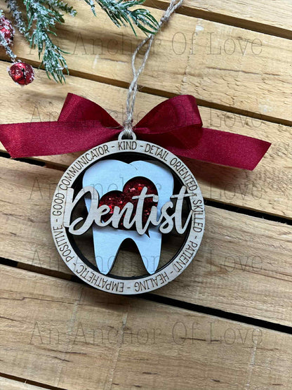Dentist Layered Wood Ornament, Keepsake Christmas Keepsake Tree Ornament- wooden dentist ornament