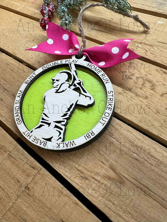 Softball Layered Wood Ornament, Keepsake Christmas Keepsake Tree Ornament- wooden softball ornament